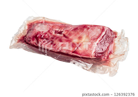 Close-up of raw buffalo meat cuts, highlighting the marbling and vibrant hue, perfect for creating delicious and nutritious dishes. isolated on white background. top view Close-up of raw buffalo meat cuts, highlighting the marbling and vibrant hue, perfect for creating delicious and nutritious dishes. isolated on white background. top view 126392376