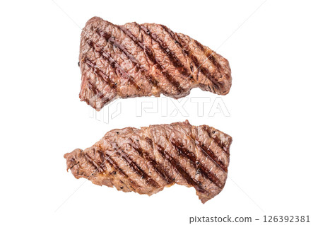 Grilled Denver steak, perfectly seared with beautiful grill marks, showcasing its juicy tenderness and rich flavor. isolated on white background. top view 126392381
