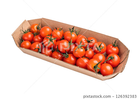 Fresh cherry tomatoes, bursting with flavor and vibrant color, perfect for salads or snacking. isolated on white background. top view Fresh cherry tomatoes, bursting with flavor and vibrant color, perfect for salads or snacking. isolated on white background. top view 126392383