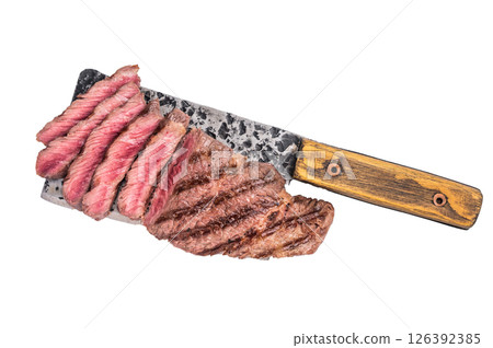 Savory shoulder steak Denver, beautifully cooked on the grill, highlighting its marbled texture and succulent taste. isolated on white background. top view 126392385
