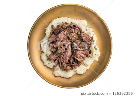 Homemade French Beef Bourguignon Stew on a plate with mashed potatoes isolated on a white background. top view Homemade French Beef Bourguignon Stew on a plate with mashed potatoes isolated on a white background. top view 126392396