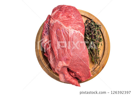 Raw Silverside Round beef meat piece , fresh bottom round on wooden board. isolated on white background. Top view Raw Silverside Round beef meat piece , fresh bottom round on wooden board. isolated on white background. Top view 126392397