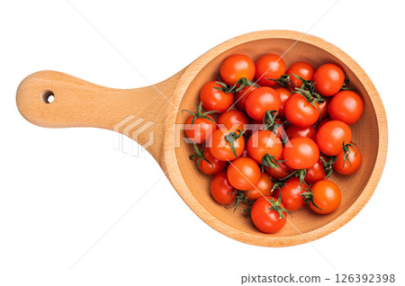 Juicy mini tomatoes, showcasing their sweet taste and glossy skin. Ideal for garnishing, roasting, or adding a pop of color to meals. isolated on white background. top view Juicy mini tomatoes, showcasing their sweet taste and glossy skin. Ideal for garnishing, roasting, or adding a pop of color to meals. isolated on white background. top view 126392398
