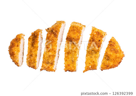 Tender chicken cutlet katsu, coated in crunchy breadcrumbs and fried to perfection. Ideal for a satisfying meal or as a topping for rice. isolated on white background. top view 126392399