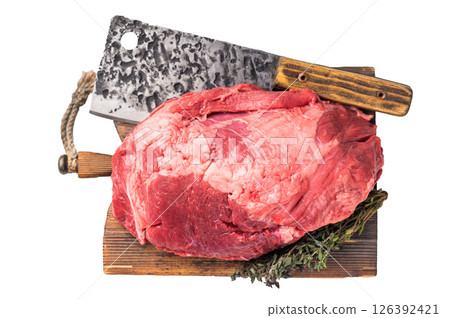 Fresh raw boneless beef shank displayed on a wooden cutting board, showcasing its rich color and marbling, perfect for hearty soups and stews. isolated on white background. top view Fresh raw boneless beef shank displayed on a wooden cutting board, showcasing its rich color and marbling, perfect for hearty soups and stews. isolated on white background. top view 126392421
