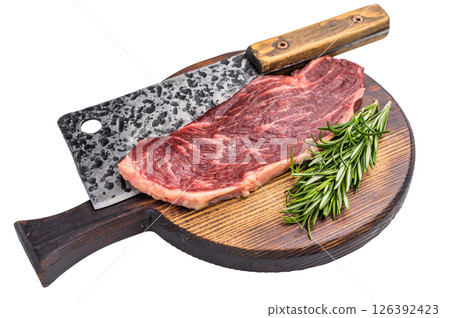 Raw top sirloin cut or rump steak, fresh beef meat. isolated on white background. top view Raw top sirloin cut or rump steak, fresh beef meat. isolated on white background. top view 126392423