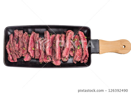 BBQ Grilled Flank beef steak, sliced meat with herbs isolated on white background. top view 126392490