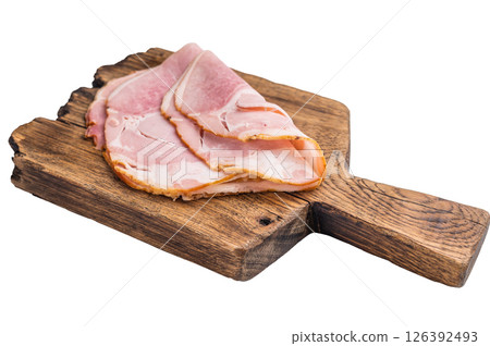 Sliced pork ham for sandwiches, smoked meat isolated on white background. top view 126392493