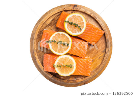 Fresh Salmon fillets, raw fish steaks isolated on white background. top view 126392500