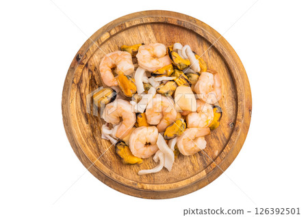 Frozen Raw Seafood Cocktail with Mussels, Clams, Prawns, Shrimps and squid isolated on white background. top view 126392501