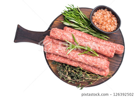 Balkan raw Cevapcici Sausage, fresh Cevapi from mince beef and pork meat isolated on white background. top view 126392502