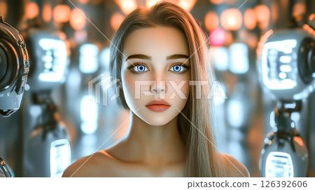 A woman interacts with artificial intelligence technology. The concept of AI integration, human-machine collaboration, and technological advancement. Generative AI. 126392606