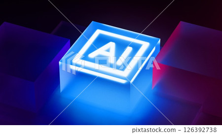 AI, artificial intelligence logo in neon glass cube. 3d render artificial intelligence concept, AI, artificial intelligence logo in neon glass cube. 3d render artificial intelligence concept, 126392738