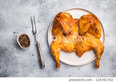 Roasted Spatchcock Chicken, poultry meat. grey background. top view 126392782