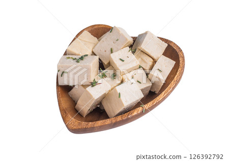 Sliced Diced soybean tofu cheese in bowl isolated on white background. top view Sliced Diced soybean tofu cheese in bowl isolated on white background. top view 126392792