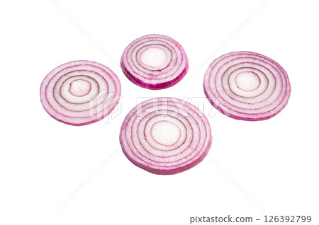 Raw onion rings isolated on white background. top view Raw onion rings isolated on white background. top view 126392799
