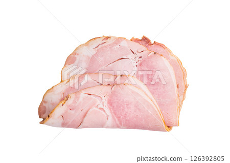 Thinly sliced pork ham, smoked meat isolated on white background. top view 126392805