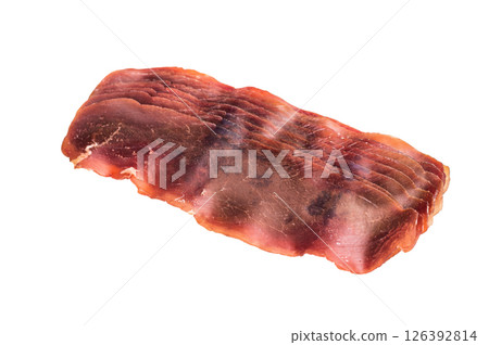 Dried spanish meat slices cecina, spanish tapa isolated on white background. top view 126392814
