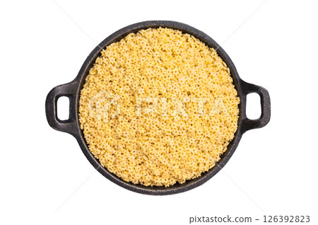 Raw stelline pasta, uncooked Italian soup Noodle in a bowl isolated on white background. top view 126392823