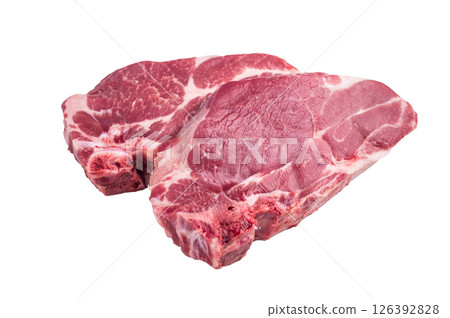 Raw pork tender neck steak, fresh meat isolated on white background. top view 126392828