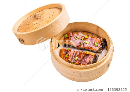 Unagi eel, Japanese grilled eel with sweet soy sauce isolated on white background. top view Unagi eel, Japanese grilled eel with sweet soy sauce isolated on white background. top view 126392835