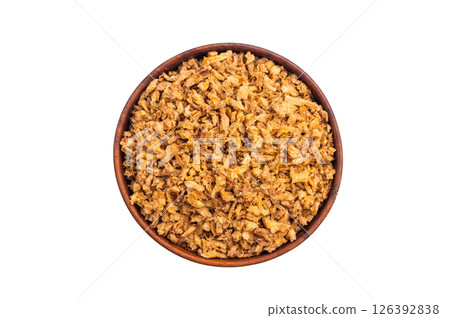Crispy Fried Onion, Roasted dried Onions isolated on white background. top view Crispy Fried Onion, Roasted dried Onions isolated on white background. top view 126392838