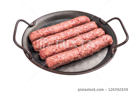 Fresh minced beef and lamb kebabs with fresh spices, arabic kofta kofte kebab isolated on white background. top view Fresh minced beef and lamb kebabs with fresh spices, arabic kofta kofte kebab isolated on white background. top view 126392839