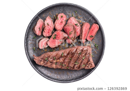 Grilled lamb mutoon sliced steak, tenderloin fillet meat isolated on white background. top view 126392869