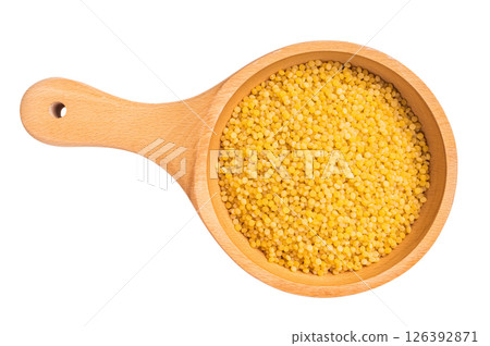 raw Dry Ptitim pasta, Israeli couscous isolated on white background. top view 126392871