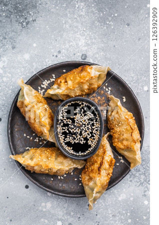 Fried Chinese Dumplings Jiaozi with meat and vegetables on plate with sauce. grey background. top view Fried Chinese Dumplings Jiaozi with meat and vegetables on plate with sauce. grey background. top view 126392909
