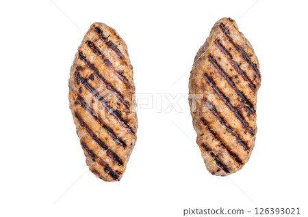 Grilled kofta kebabs made from spiced minced meat, perfectly grilled and served with fresh herbs and tangy sauce. isolated on white background. top view Grilled kofta kebabs made from spiced minced meat, perfectly grilled and served with fresh herbs and tangy sauce. isolated on white background. top view 126393021