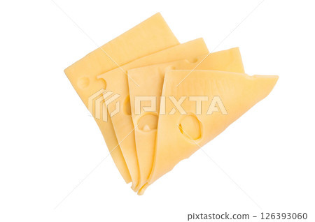 Swiss emmental cheese slices isolated on white background. top view Swiss emmental cheese slices isolated on white background. top view 126393060