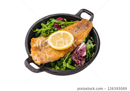 Fried Haddock fish fillet in a pan isolated on white background. top view 126393089