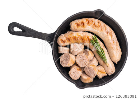 Fried BBQ Sausages with pork and beef meat in pan isolated on white background. top view Fried BBQ Sausages with pork and beef meat in pan isolated on white background. top view 126393091