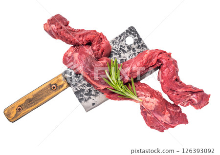 Alternative Beef cut Machete Skirt Steak, raw prime meat on butcher table isolated on white background Alternative Beef cut Machete Skirt Steak, raw prime meat on butcher table isolated on white background 126393092