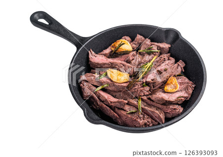 Grilled Beef top sirloin Steak in a pan isolated on white background. top view 126393093