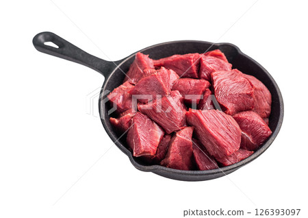 Ready for cooking Diced Elk meat, raw Game Meat in a pan Isolated on white background. top view Ready for cooking Diced Elk meat, raw Game Meat in a pan Isolated on white background. top view 126393097