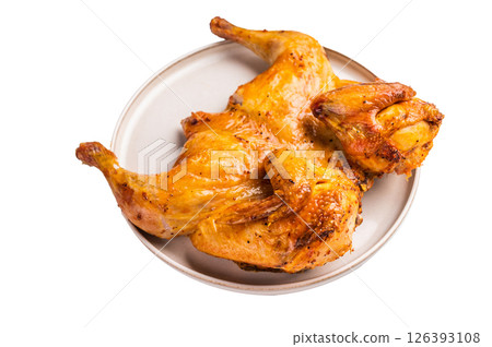 Roasted Spatchcock Chicken, poultry meat isolated on white background. top view 126393108