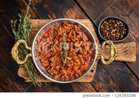 Bolognese Sauce, Authentic Italian meat and tomato pasta recipe. wooden background. top view 126393206