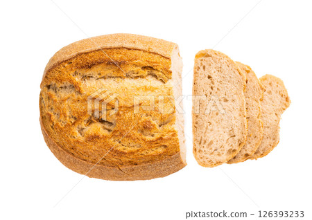 Handcrafted sliced tartin bread isolated on white background. Top view 126393233