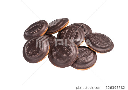 Jaffa cakes, Cookies covered with chocolate and filled with jam isolated on white background 126393382