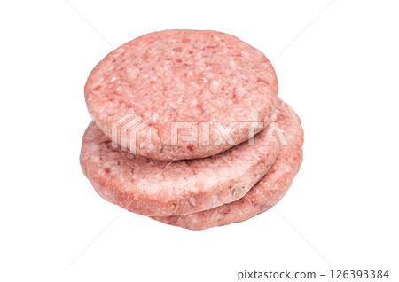 Close up of a juicy raw meat patty cutlet, ideal for crafting mouthwatering sandwiches and savory dishes. isolated on white background. top view 126393384