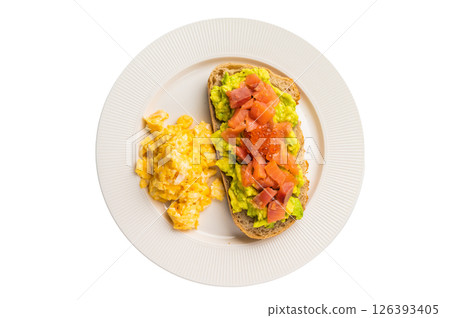 Toast with salmon, avocado and red caviar isolated on white background Toast with salmon, avocado and red caviar isolated on white background 126393405