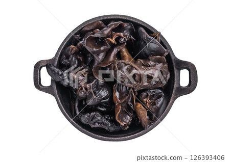 A bowl of fresh wood ear mushrooms, perfect for health conscious cooks seeking nutritious and flavorful ingredient. isolated on white background. top view A bowl of fresh wood ear mushrooms, perfect for health conscious cooks seeking nutritious and flavorful ingredient. isolated on white background. top view 126393406
