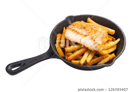 Fish and chips with roast white fish fillet and French fry in skillet isolated on white background 126393407