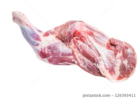 Premium quality raw goat shoulder, ready for your favorite marinade and culinary creations. isolated on white background. top view 126393411