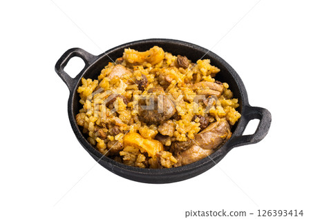Pilaf with beef and lamb meat, vegetables in a skillet isolated on white background 126393414