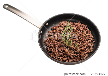 Frying Pan with fried mince beef meat, fresh cooked forcemeat isolated on white background 126393427