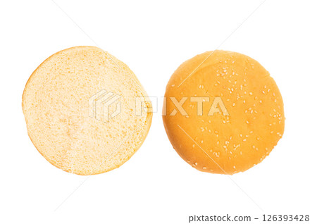 Baked burger buns isolated on white background. top view 126393428