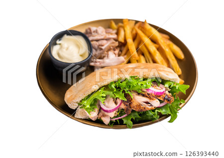 Grilled shawarma sandwich, Doner kebab with grilled chicken meat in pita bread isolated on white background 126393440